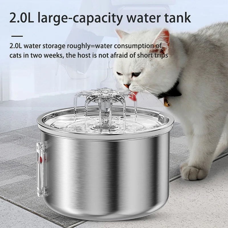 2L Stainless Steel Cat and Dog Auto Drinking Bowl with USB Powered Water Fountain