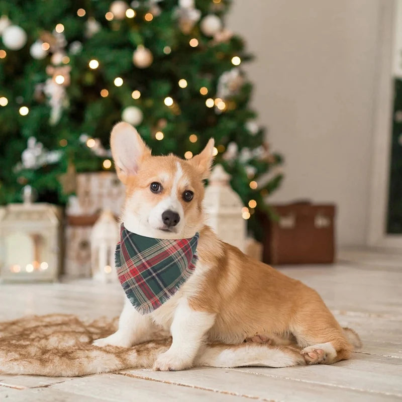 Dog Bandanas With Tassels Edges Stylish Dog Bandanas Plaid Pet Triangle Scarf Tassel Bandanas